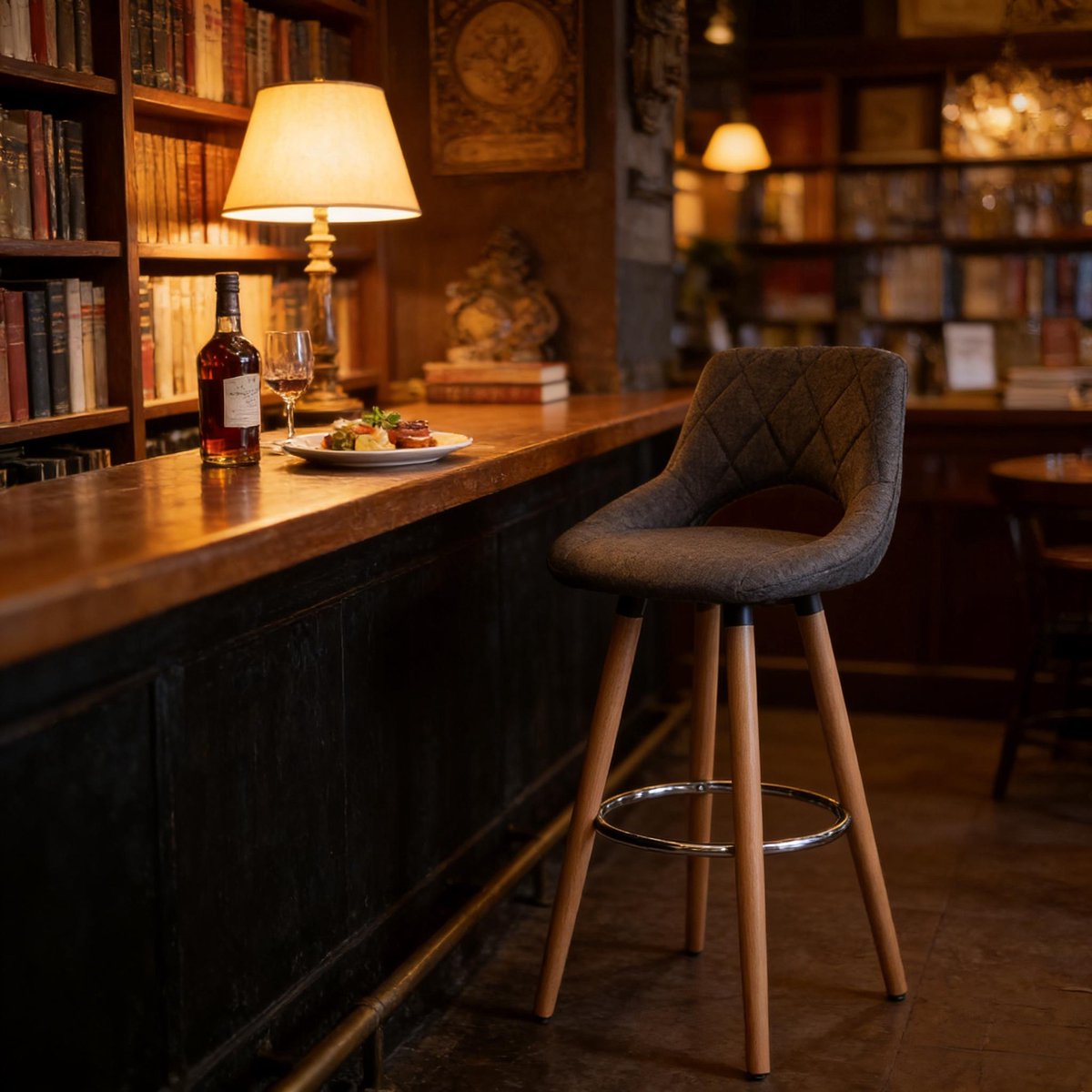 Wishdor Barkruk - Met Rugleuning En Ergonomische Zitting - Modern Voor Keuken En Bar - Houten Poten - Donkergrijs Linnen