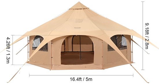 Lifero Tent - Camping Tenten - 8 Persoons Punt Tent - 4 seizoenen Tent - Kampeertent - 5 Meter Ronde Tent - Canvas - Beige — afbeelding 2