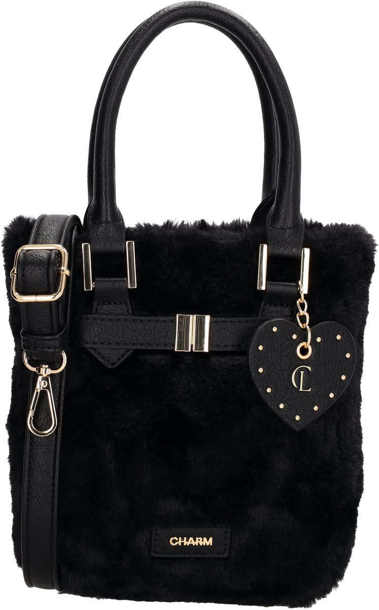 Charm London Stockholm Handtas - Bont Tas - Fur - Crossbody - Schoudertas - Verstelbare Schouderband - Hart Bag Charm - Gouden Details - Dames - Zwart