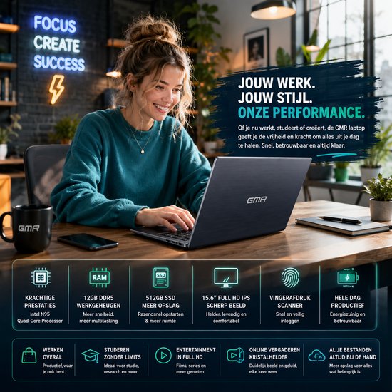 Een vrouw met een trui typt op een GMR laptop. Focus, create, success.
