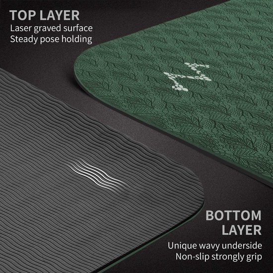 Yogamat - Oefenmat Fitnessmat - Training en Ontspanning - Extra Lang Breed - 213 x 81 cm - Groen Zwart van Yogamat — afbeelding 3