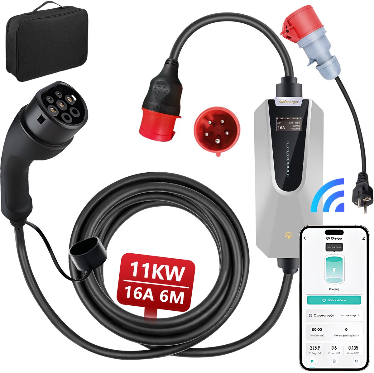 Hexinex - Mobiele Thuislader 11kW - CEE naar Type 2 stekker EV oplader - 6 meter Laadkabel - 6A/8A/10A/13A/16A Huidige instelling - 3 fase