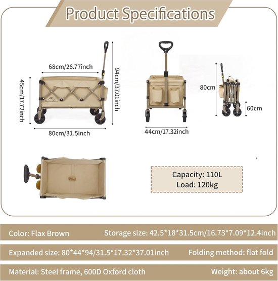 Opvouwbare Kar - Strandwagen Tuinwagen - Buitenactiviteiten Transport - 120kg Draagvermogen - 140 Liter Capaciteit - Bruin — afbeelding 4