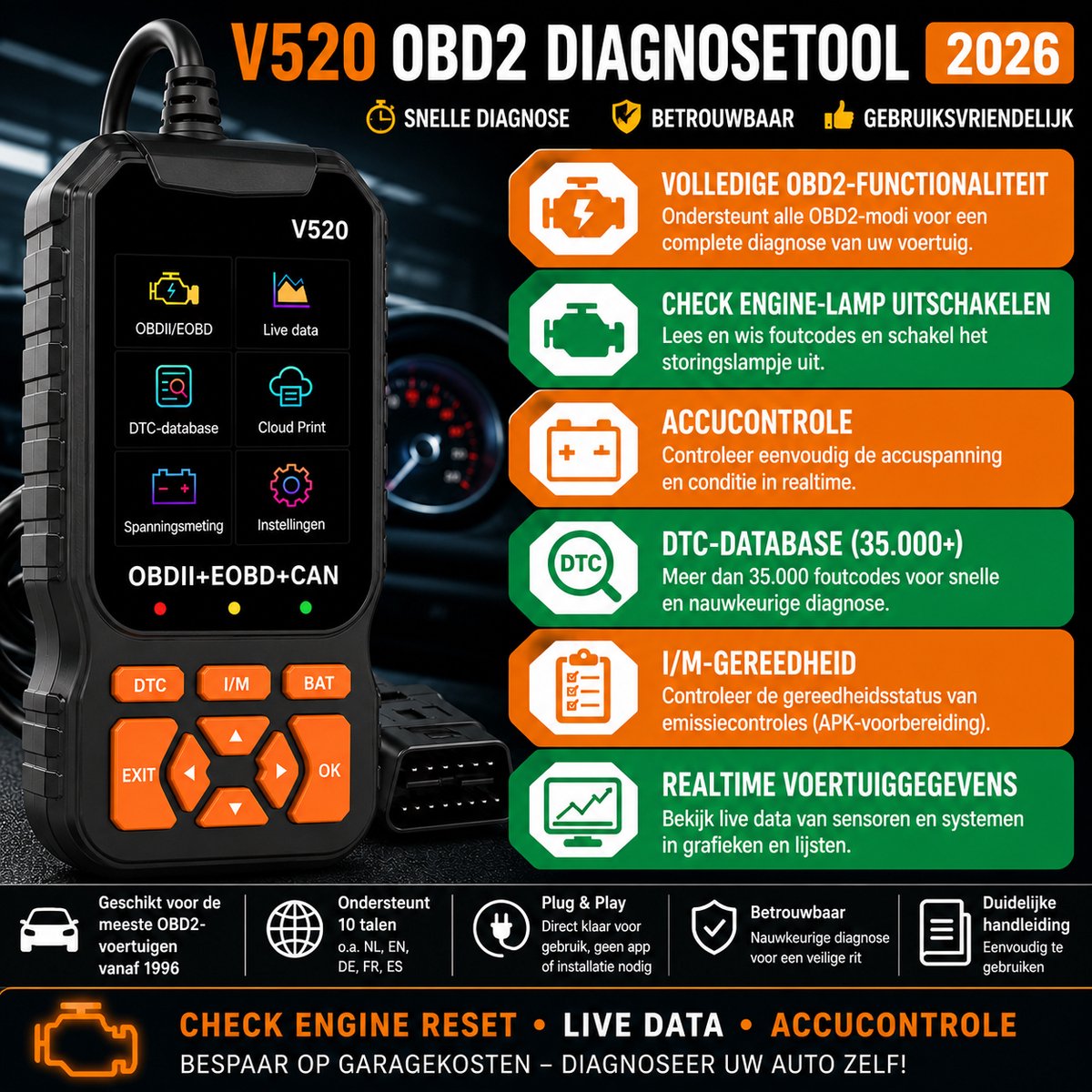 OBD2 Diagnosetool voor Auto’s – Auto Uitleesapparaat – Check Engine Reset – Foutcode Lezer – Live Data – Accucontrole – OBDII/EOBD/CAN
