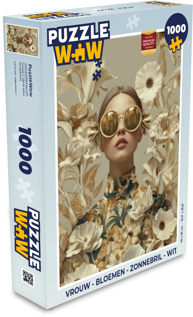 Puzzel Vrouw - Bloemen - Zonnebril - Wit - Legpuzzel - Puzzel 1000 stukjes volwassenen