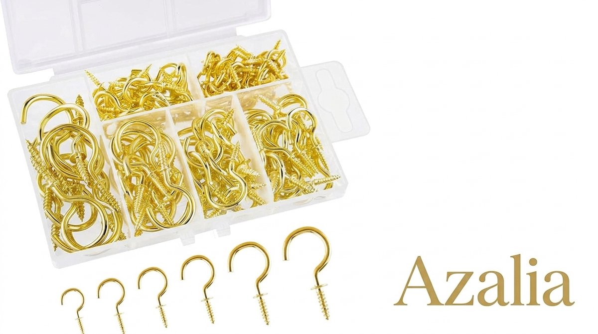 Azalia Plafond haak cup, 130 stuks haken schroefhaken roestvrij staal haakschroef multi-size cup haak plafondhaak metaal (goud)