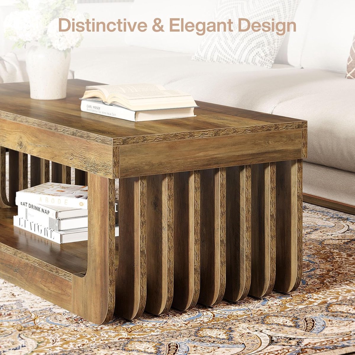 Salontafel 120 cm – House&Garden Rechthoekige Woonkamertafel met 2 Niveaus Opbergruimte – Industriële Boerderij Middentafel met Onderplank – Rustiek Bruin – 120x60x45 cm – Krasbestendige Houten Couchtafel voor Woonkamer & Kantoor