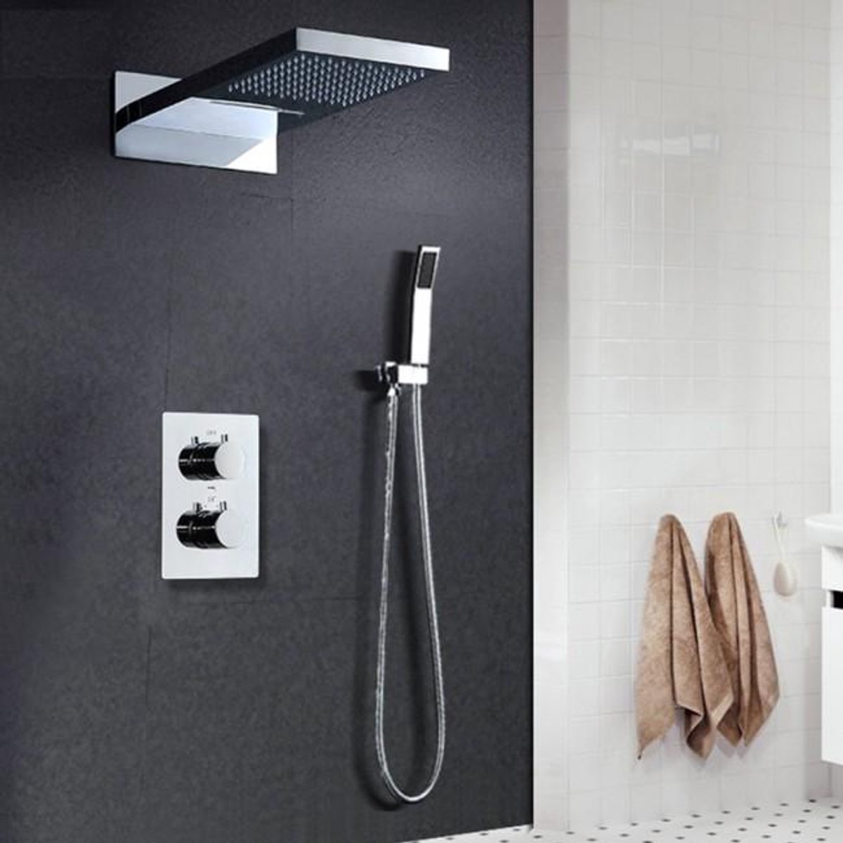Hudor Inbouw Doucheset SC30 Enipée - Chroomkleurig Design Douchecompositie - Vierkante Douchekop en Handdouche - Premium Messing Constructie