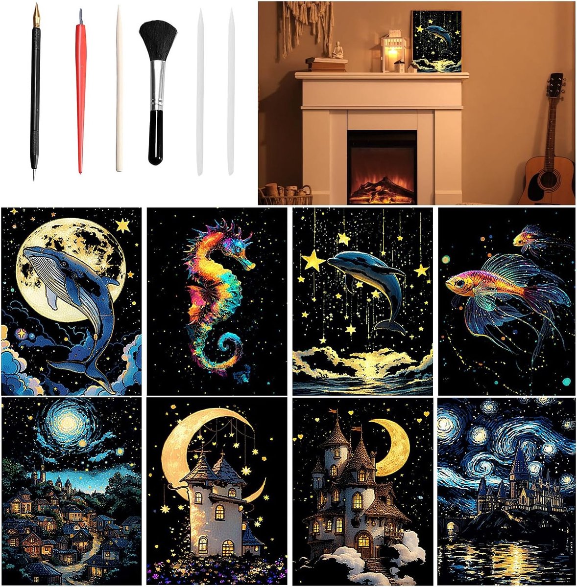 Creatieve Krabkunst Set voor Volwassenen en Kinderen, 8-delige Luminous Rainbow Krabben Gereedschap, Perfect voor Ambachten en Creatieve Projecten in Ocean & Night Sky
