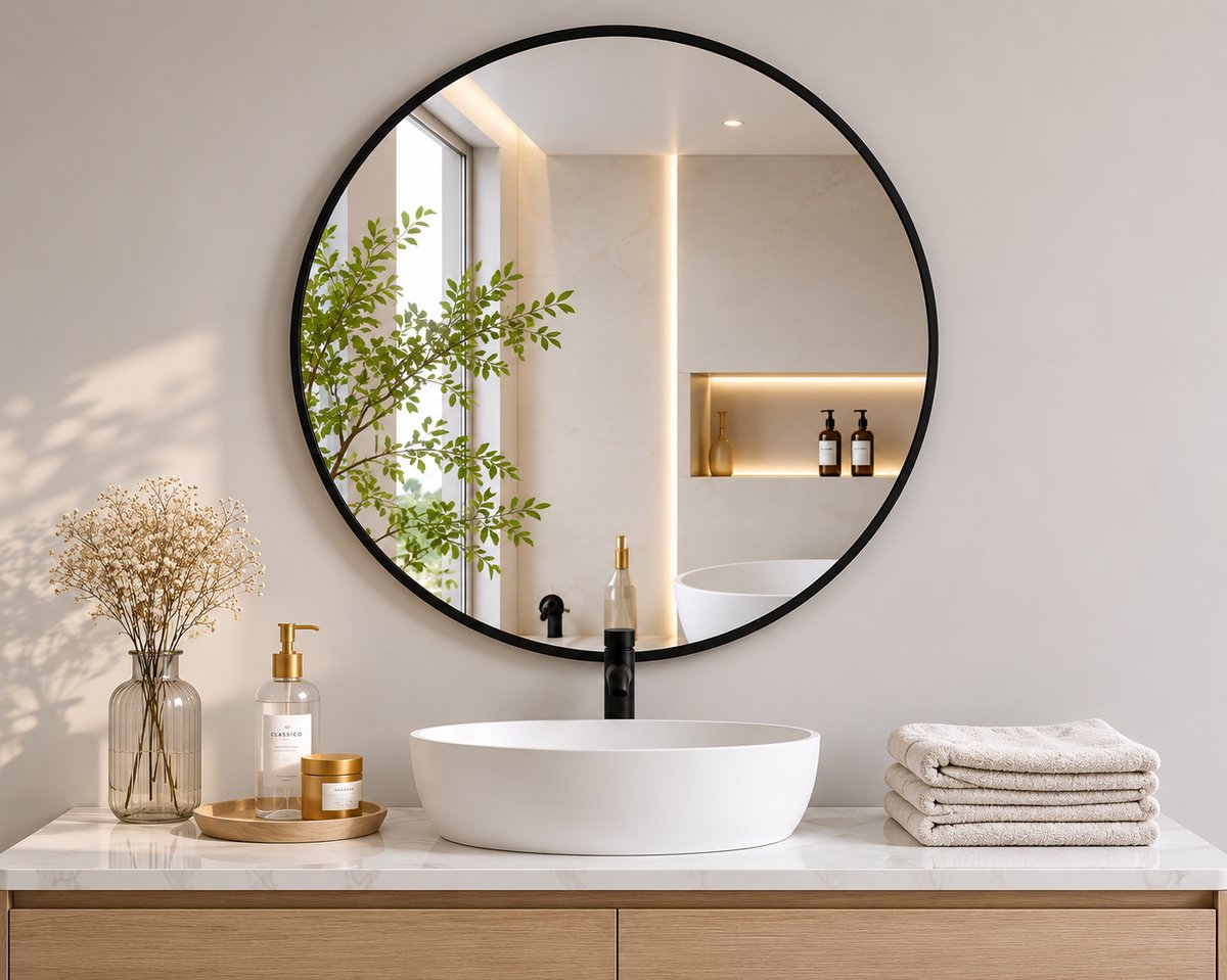 Ronde zwarte Wandspiegel 50 cm – HD Spiegelglas met Aluminium Frame, Veiligheidsglas met Anti-Splinterfolie en Eenvoudige Wandmontage