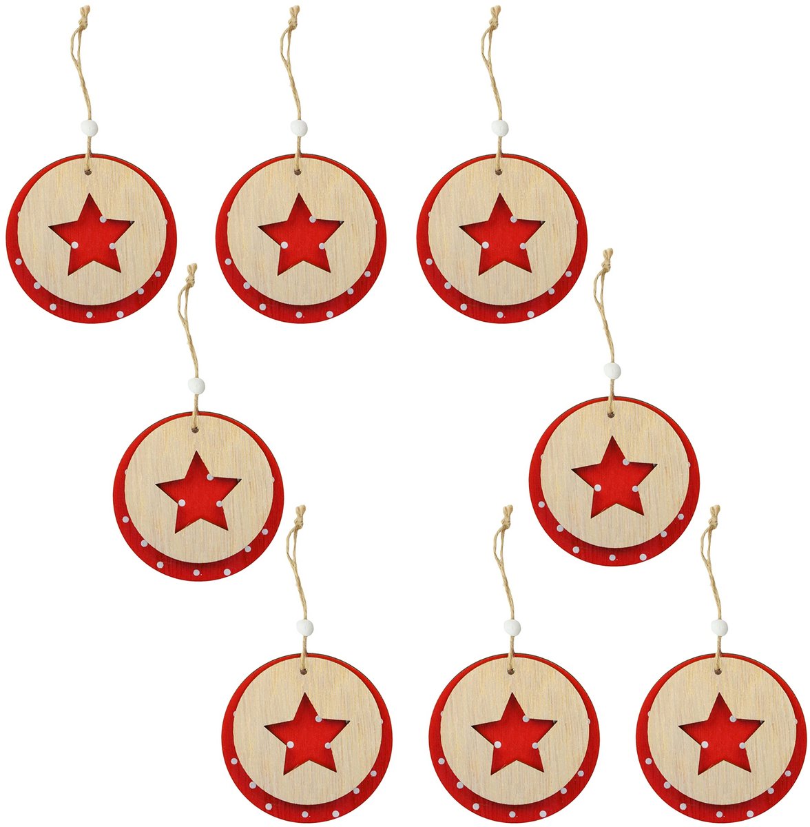 VLEMICO- Kersthangers Set van 8 - Houten Decoratieve Boomversiering - 2-laags 3D-effect - Ø 9 cm - Jute Koord - Perfect voor Kerstdecoratie