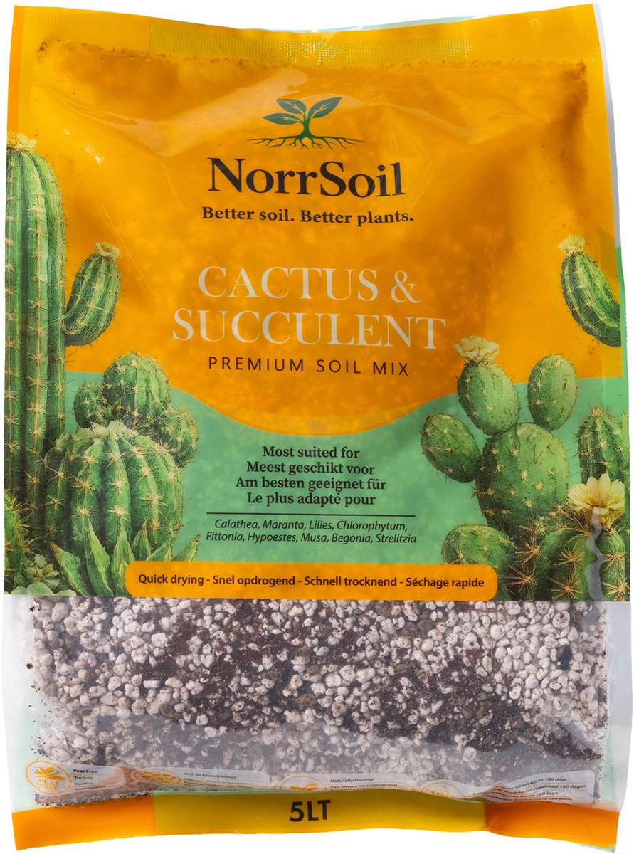 Cactus & Vetplanten Potgrond 5 L – Norrsoil Premium Coco Potgrond voor Cactus, Succulenten, Aloe Vera & Sansevieria – Turfvrij – 180 Dagen Organische Voeding – Voor Kamerplanten