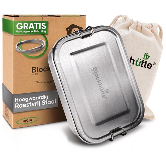 Boîte à lunch argentée en acier inoxydable de 800ml, avec une boîte en carton et un sac en tissu beige avec logo.