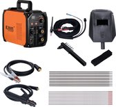 Oranje TIG-200S lasapparaat met diverse accessoires, waaronder lastang, aardeklem, lashelm, 1kg laskabels en 10 wolfraamelektroden.