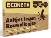 ECONEMA Aaltjes tegen Rouwvliegjes. Bruine en gele doos met tekst en een zwarte vlieg-illustratie.