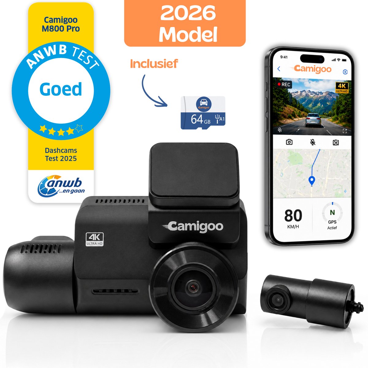 Camigoo® M800 Pro - Triple Dashcam - Dashcam Voor Auto - Ultra 4K, 2K & Full HD - Voor, Achter & Binnen Camera - Door ANWB Getest - WiFi & GPS - SONY Sensor - 64GB SD Kaart - Parkeermonitor - Time Lapse - IR Nachtzicht - NL Handleiding + Systeem thumbnail 2