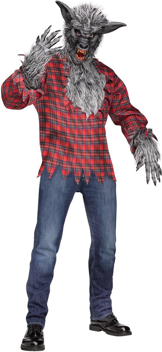 FUNWORLD 3-Delig Shirt/Masker/Handschoenen Werewolf Costume Silver Halloween Kostuum Unisex Verkleedkleren Volwassenen- One Size