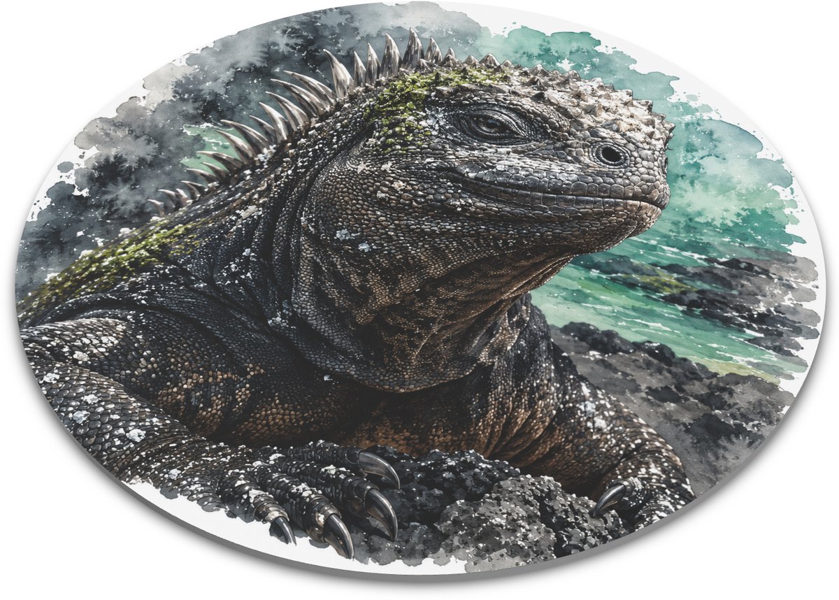 Ronde muismat zeeleguaan - Artistieke aquarel van een zeeleguaan Amblyrhynchus cristatus bij de kust - Unieke vulkanische natuurprint