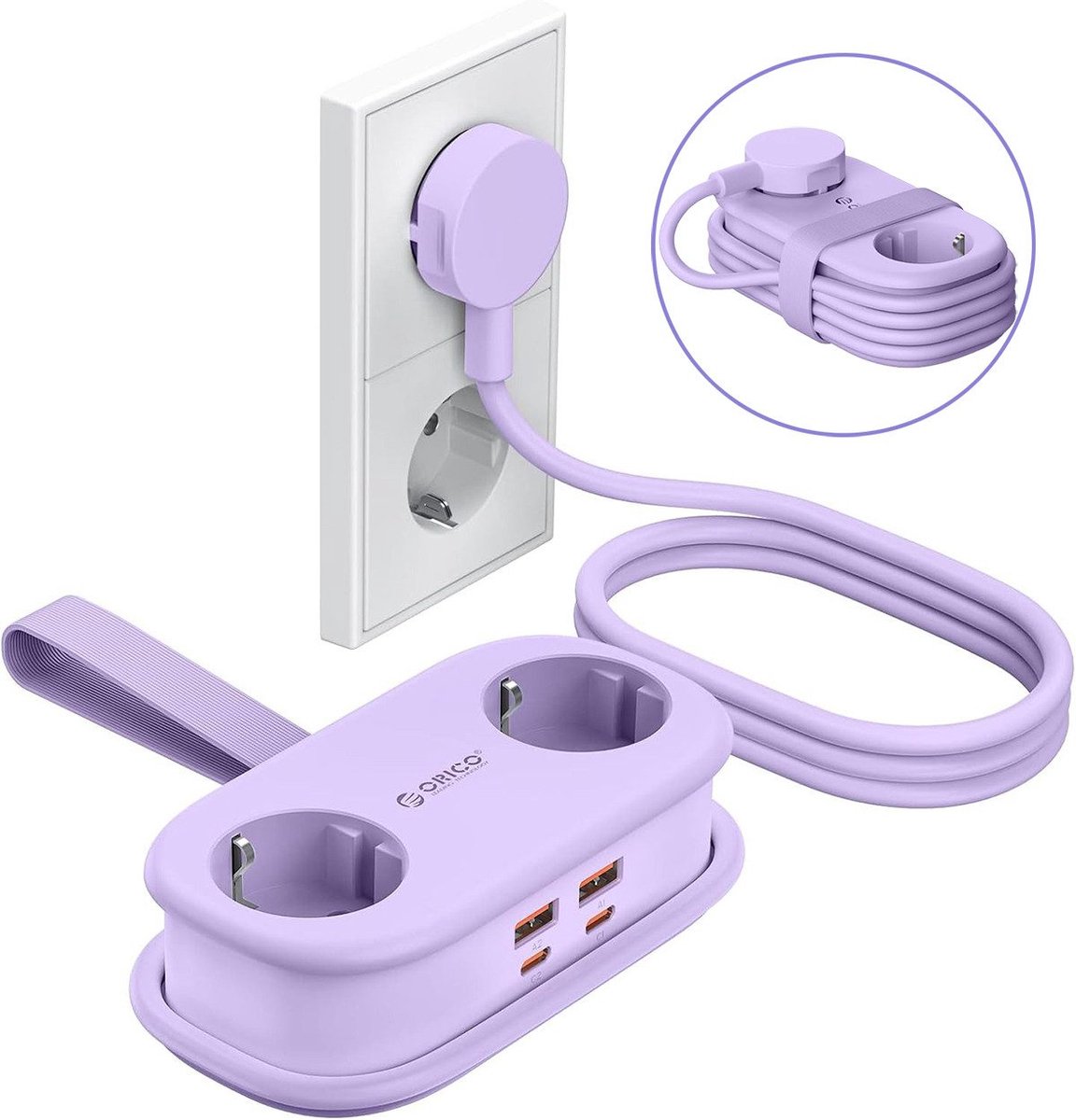 ORICO AP3 65W - Stekkerdoos - Reisstekkerdoos - GaN stekkerdoos – 6-in-1 platte stekker met stekkerdoos (2 stopcontacten + 4x USB-A/USB-C) – Kinderveilig – 1,6 m kabel – Compact – Voor MacBook, iPad, iPhone, laptop