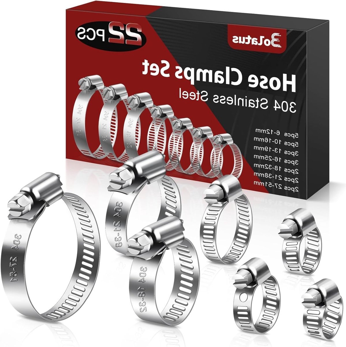 Set van 22 RVS Slangklemmen 6 - 51 mm Verstelbare Schroefklemmen voor Tuinslangen, Zwembadslangen en Gasleidingen in 7 Maten
