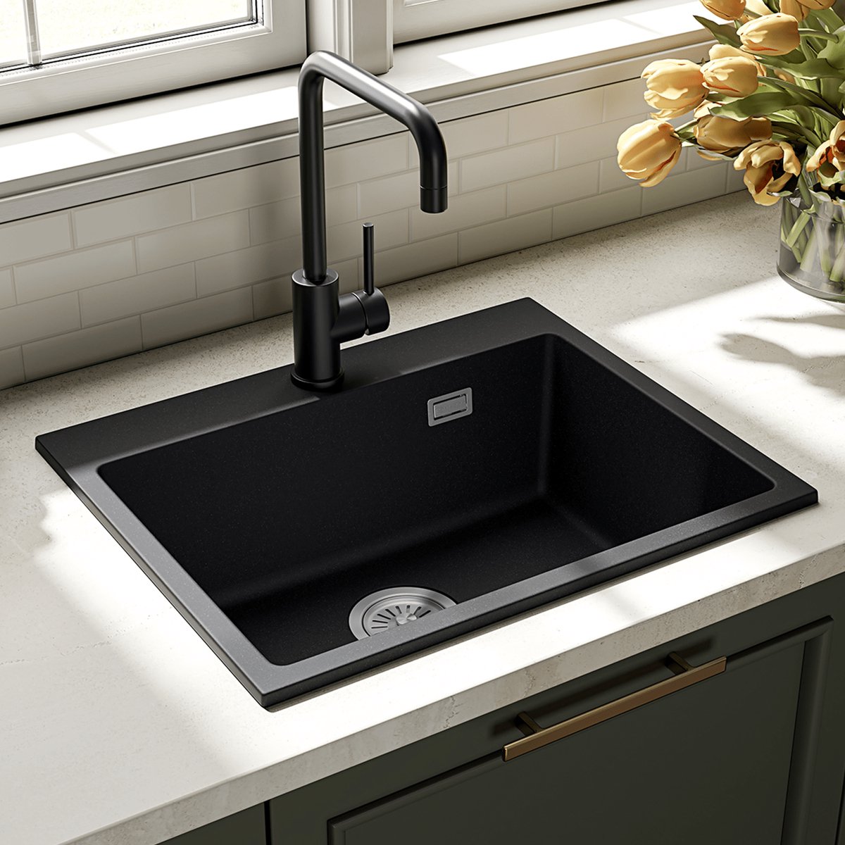 LOMAZOO Spoelbak Keuken Graniet Zwart 55×45 cm - Gootsteen - Keukenspoelbak - Opbouw Wasbak Keuken [THIAGO]