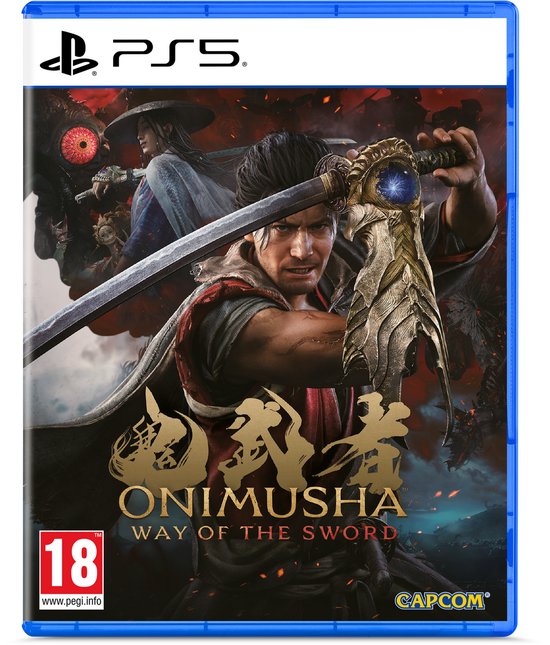 PlayStation 5 hoes van Onimusha: Way of the Sword met een man die een gouden zwaard vasthoudt.