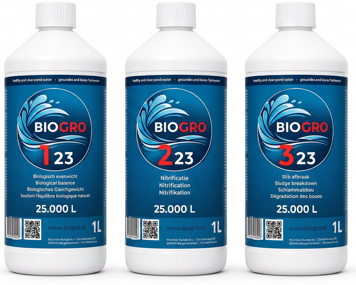 BIOGRO 123 Vijver bacteriën Startset - Biologische ondersteuning voor vijvers tot 25.000 liter - 3 x 1L
