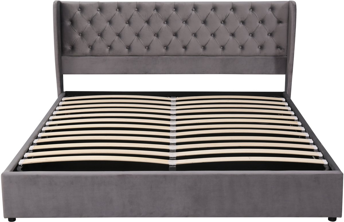 Grijs fluweel hout staal opberg tweepersoonsbed voor slaapkamer 207×186×99CM