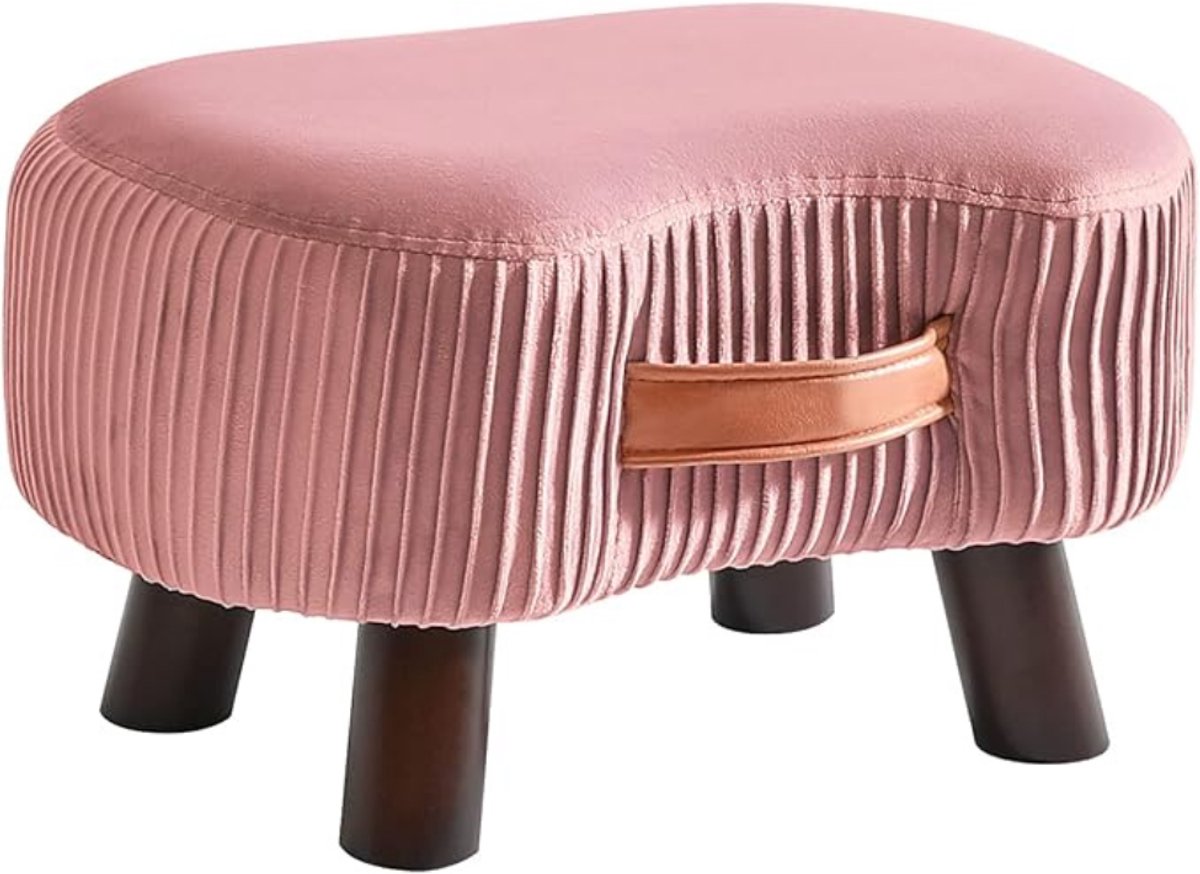 Verte Voetenbankje - Voetenbankje - Houten Poef - Klein Gebogen Voetenbankje met Handvat - Bankpoef met Zacht Zitkussen - Voor de Slaapkamer - Woonkamer - Hal - 40×28×23 cm - Roze