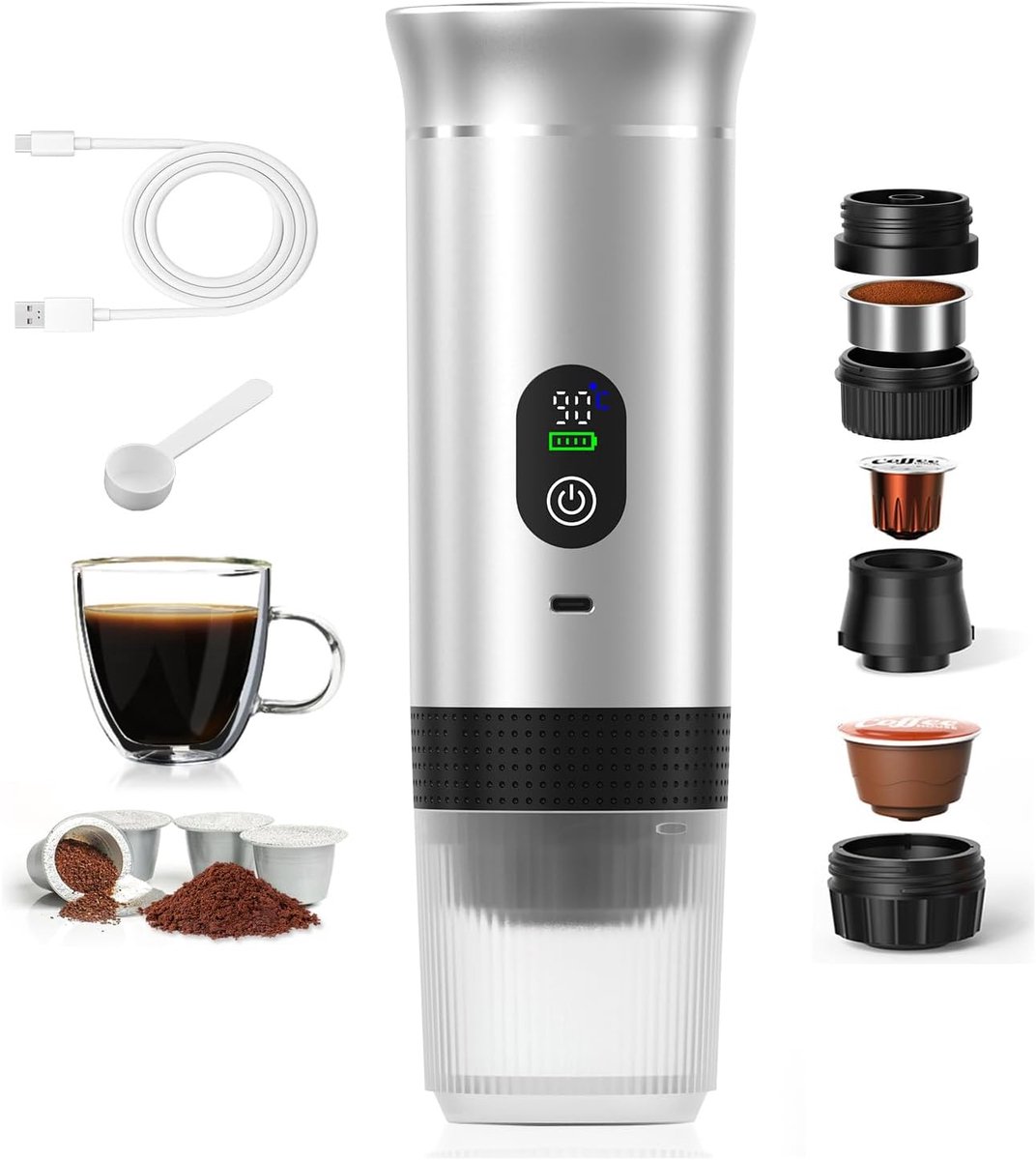 Draagbaar Koffiezetapparaat voor Onderweg -Draadloos voor in de Auto - Draadloos voor in de Auto - Temperatuurdisplay - Snel Verwarmen 80ml - 20 Bar Druk - Geschikt voor Cups & Gemalen Koffie - 7500mAh USB-C - Ideaal voor Reizen & Kantoor