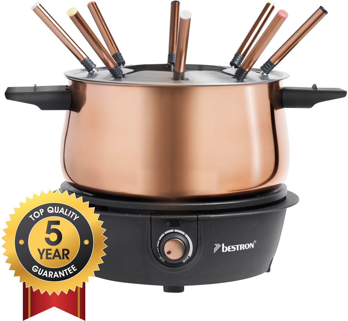 Bol.com Bestron Fondueset Elektrisch AFD850CO - 1500W - 1,5L voor 8 personen - Incl 8 fonduevorkjes - Koper - 5 jaar garantie aanbieding