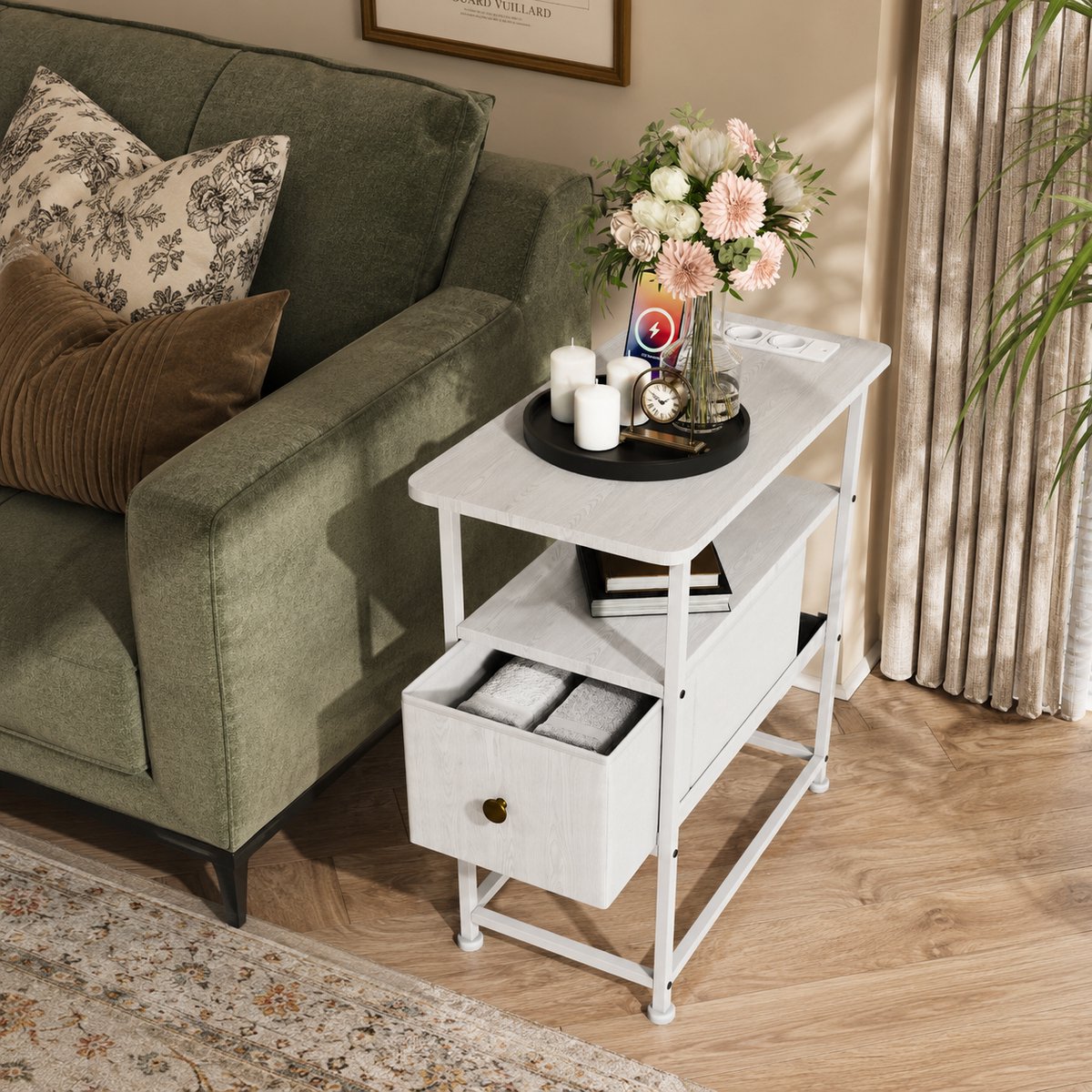 Bijzettafel met Stopcontact & USB – Side Table / Nachtkastje met Oplaadstation – 60×30×62 cm – voor woonkamer, slaapkamer - Modern Hout – Wit