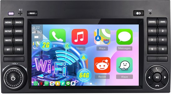 Autoradio met groot touchscreen, toont WiFi-icoon en app-pictogrammen zoals telefoon, muziek, maps, berichten, Reddit en Waze.