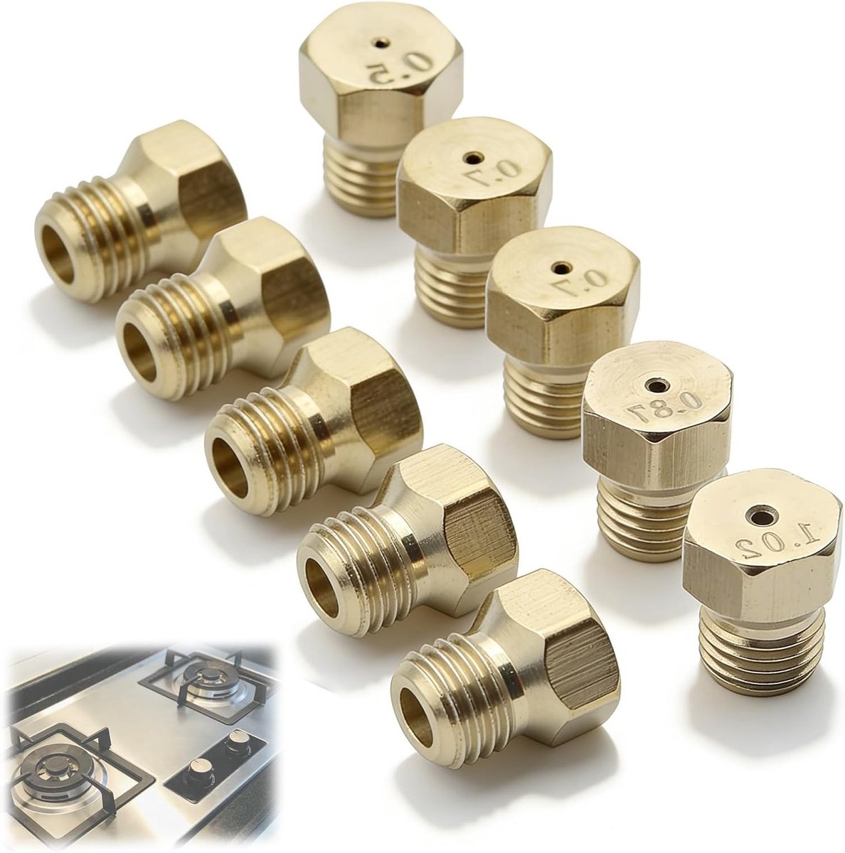 5 stuks butaangassproeier set met gasinjector, ombouwset en mondstuk voor gasfornuis en gasbrander, maten 0,5/0,7/0,87/1,02, ideaal voor koken en barbecueën