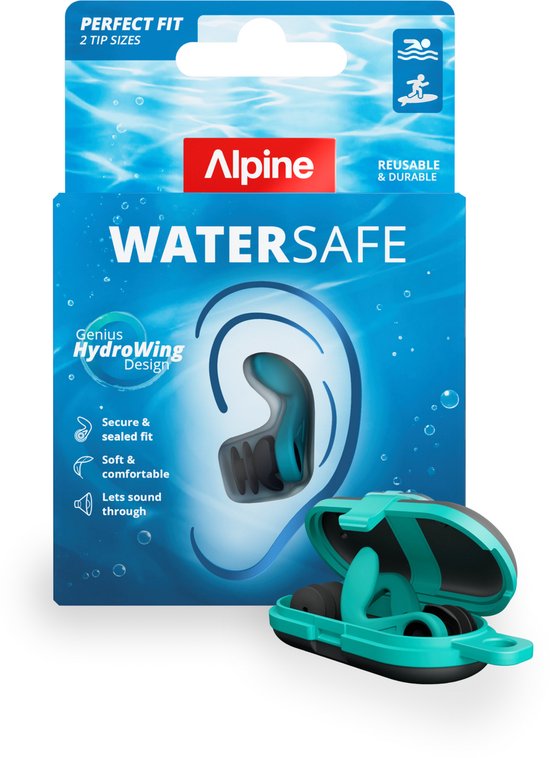 Verpakking van Alpine WaterSafe zwemoordopjes met een doosje en oordopjes. "PERFECT FIT 2 TIP SIZES".
