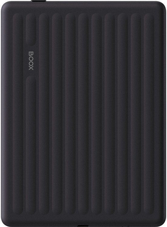 Zwarte BOOX e-reader met achterkant met groevenpatroon.