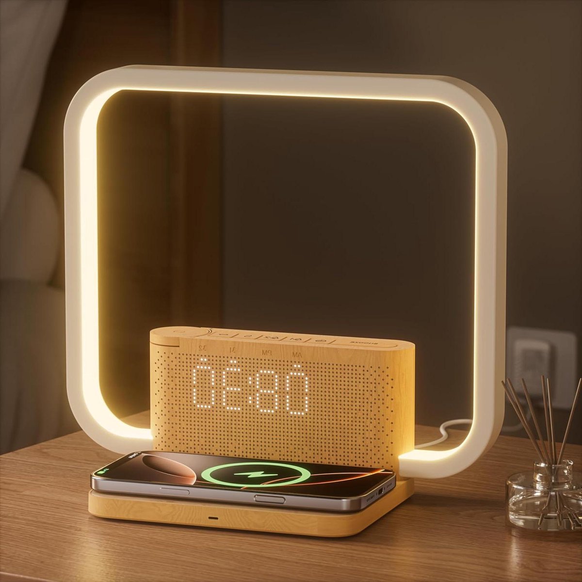 Nachtlamp Wekker - Tafellamp Klok - Ontspannen Slapen - Draadloze Oplader - 10W Vermogen - Wit