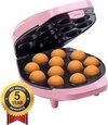 Roze cake pop maker met 12 ronde, goudbruine cake pops.