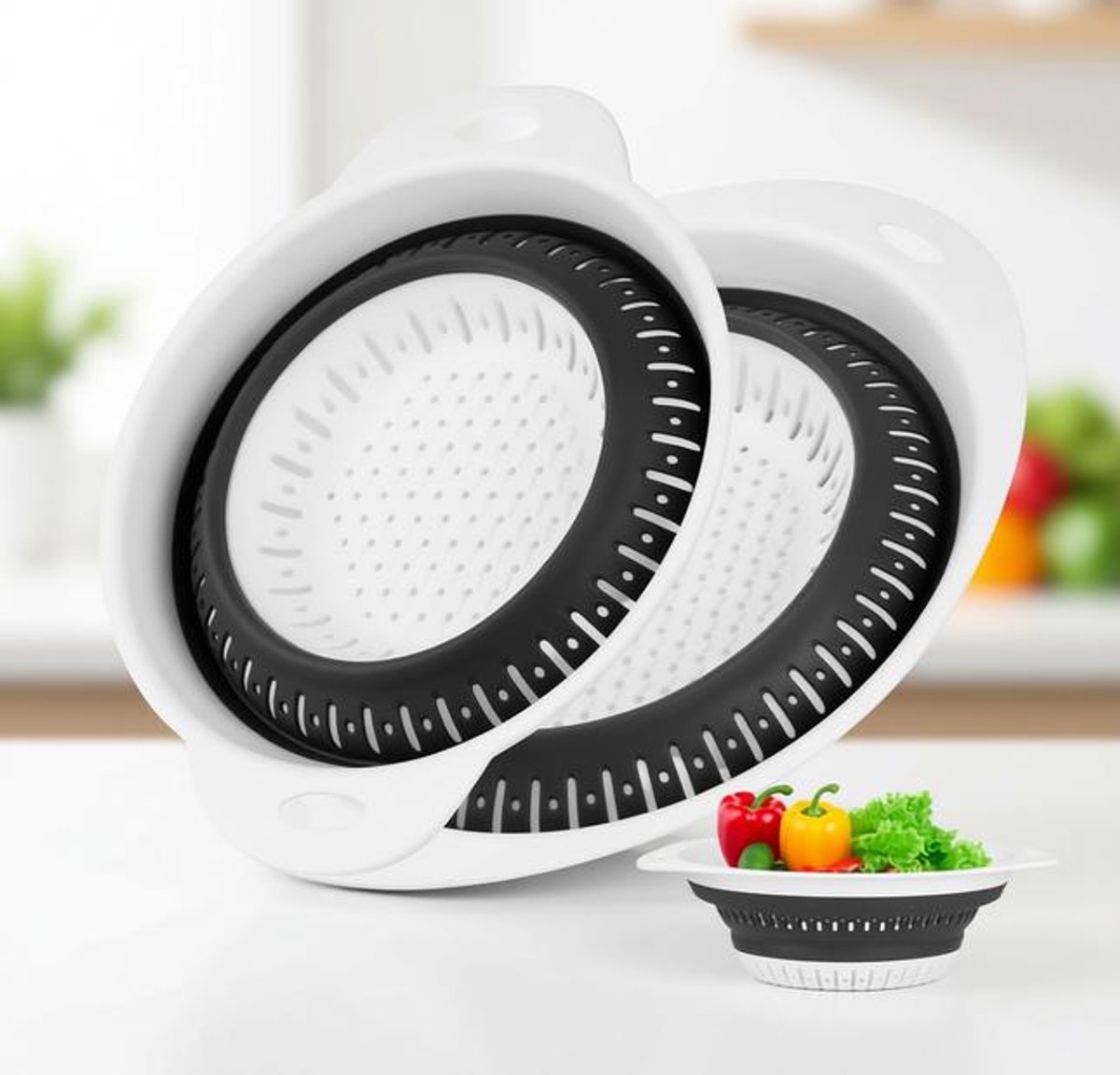 ElleMooi 2 stuks opvouwbare pastazeef, siliconen vergiet met handgreep, inklapbaar afdruiprek voor pasta, fruit en groenten, BPA-vrij, grijs