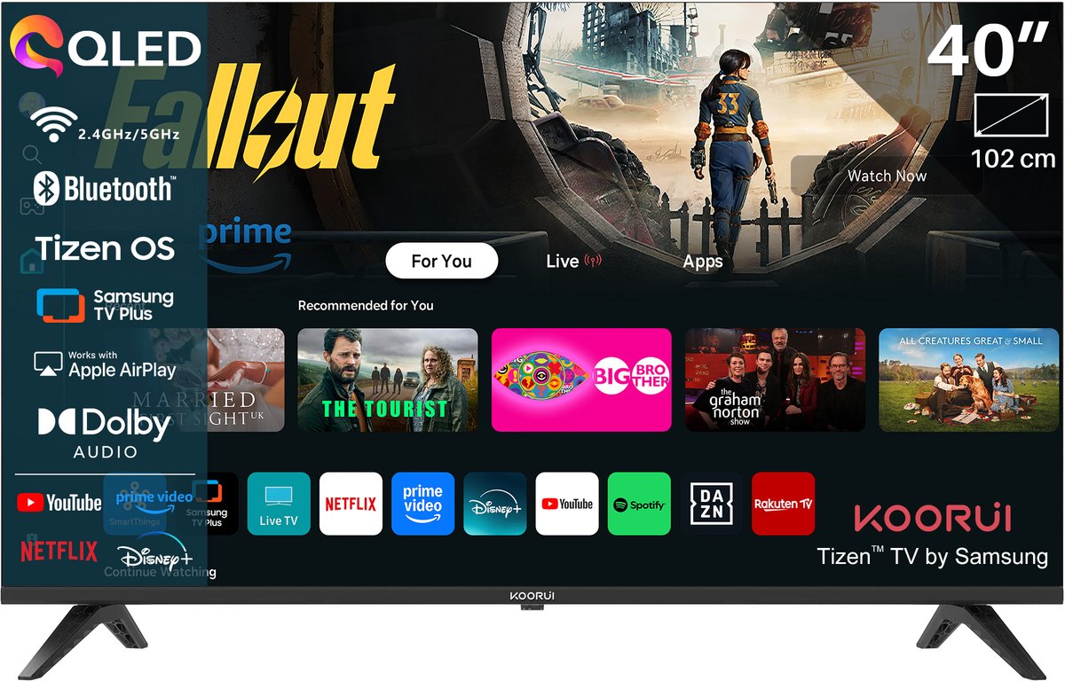 Koorui Tizen by Samsung Smart TV - QLED Full HD - 40 inch/102 cm - Streaming apps - AirPlay - Hotelmodus - HDMI x3, USB x2, CI+ - Tripple Tuner DVB-T/T2/S/S2/C - Frameless Design - Geassembleerd in Eindhoven - K40Q1FQ-T8