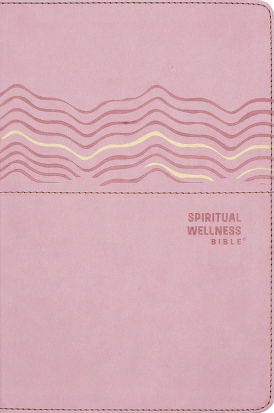 Roze bijbel met golvend patroon en de tekst 'Spiritual Wellness Bible'.