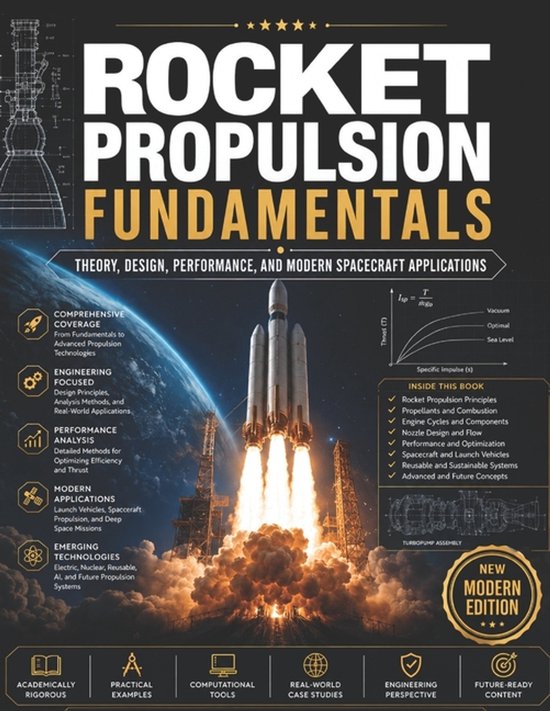 Boekomslag met de titel 'Rocket Propulsion Fundamentals' in grote letters, een illustratie van een lanceerraket en een grafiek.