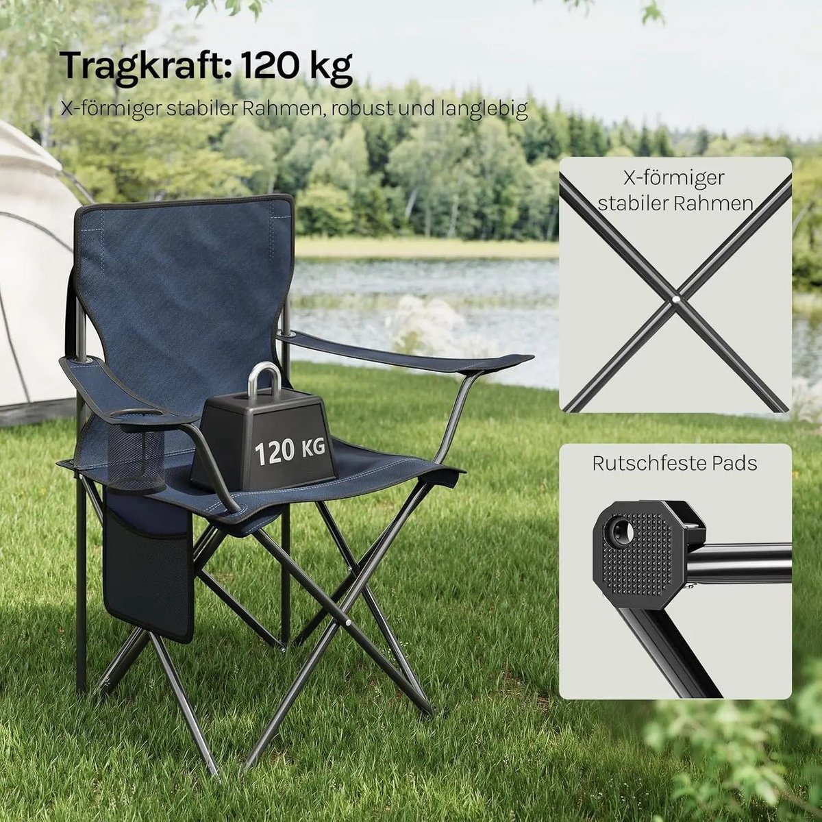 Zerova Campingstoel Set van 2 - Vouwstoel - Opvouwbaar Outdoor Stoelen - Met Draagtas - Bekerhouder en Zijvak - Marineblauw