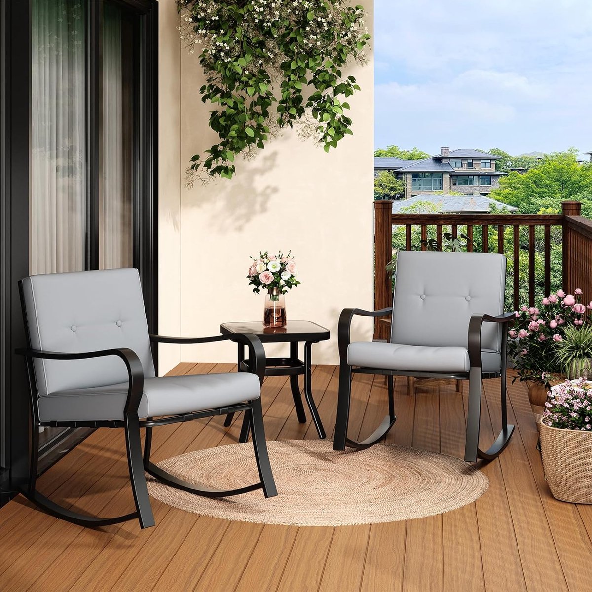 Tuin Bistroset 3-delig - Schommelstoelen met Glazen Salontafel - Gestoffeerde Tuinset - Metalen Frame - Buiten Zitset voor Balkon, Grasveld, Zwembad