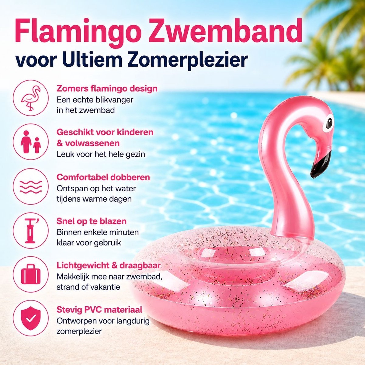 Opblaasbare Flamingo Zwemband 90 cm – Pool Float voor Zwembad & Strand (40–60 kg) – foto 4