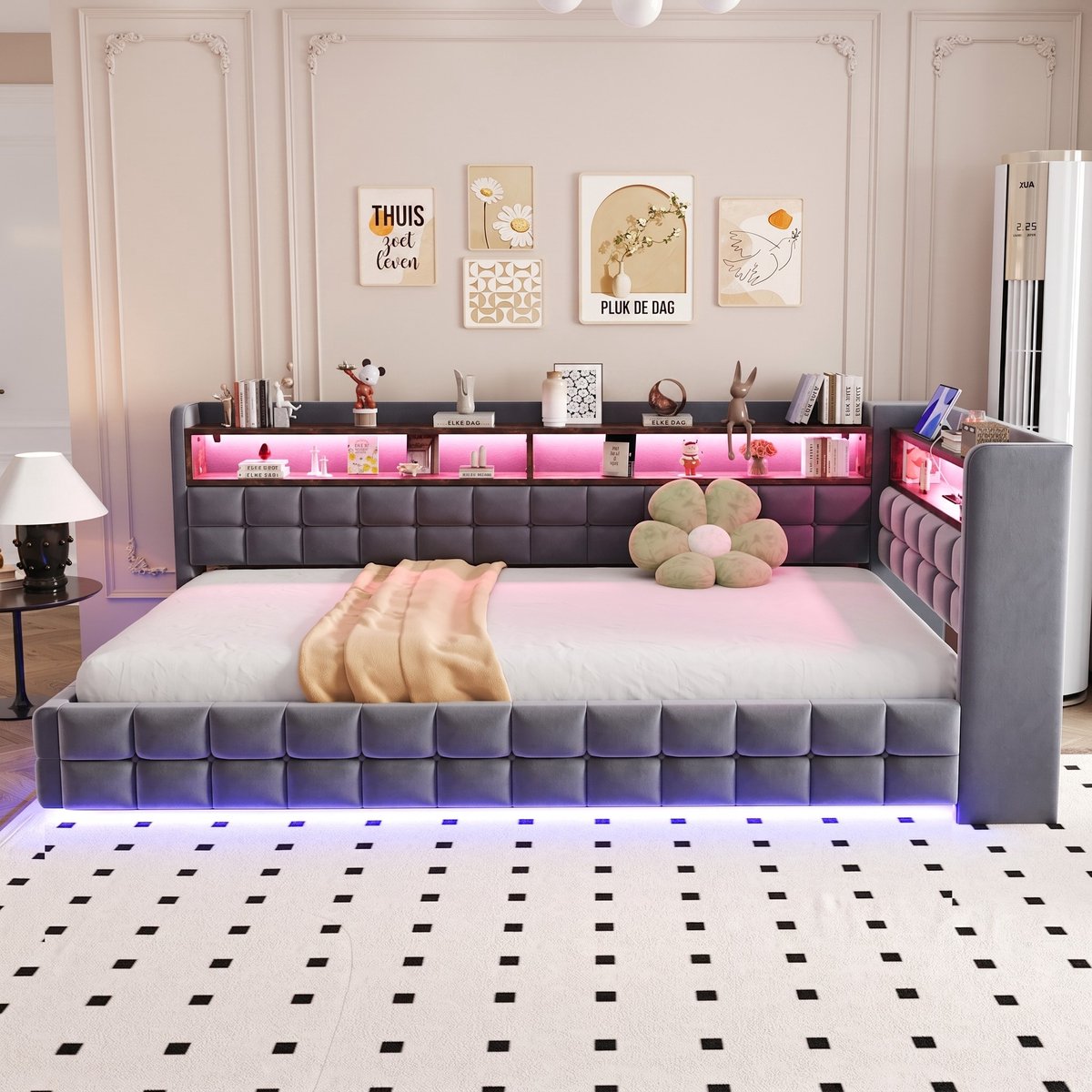 VVBV Daybed 90x200 cm - Hydraulische Opbergruimte, LED-Verlichting, USB-C & Stopcontact - Hout/Fluweel Donkergrijs/Grijs
