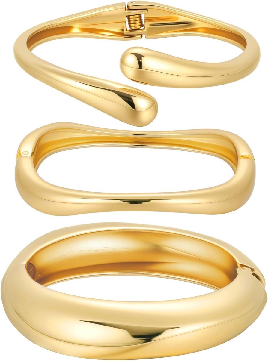 Gouden Armbanden voor Dames, 3 Stuks Ongelijke Chunky Armbanden, Brede Minimalistische Cuff Sieraden voor Verjaardag, Valentijn en Kerst