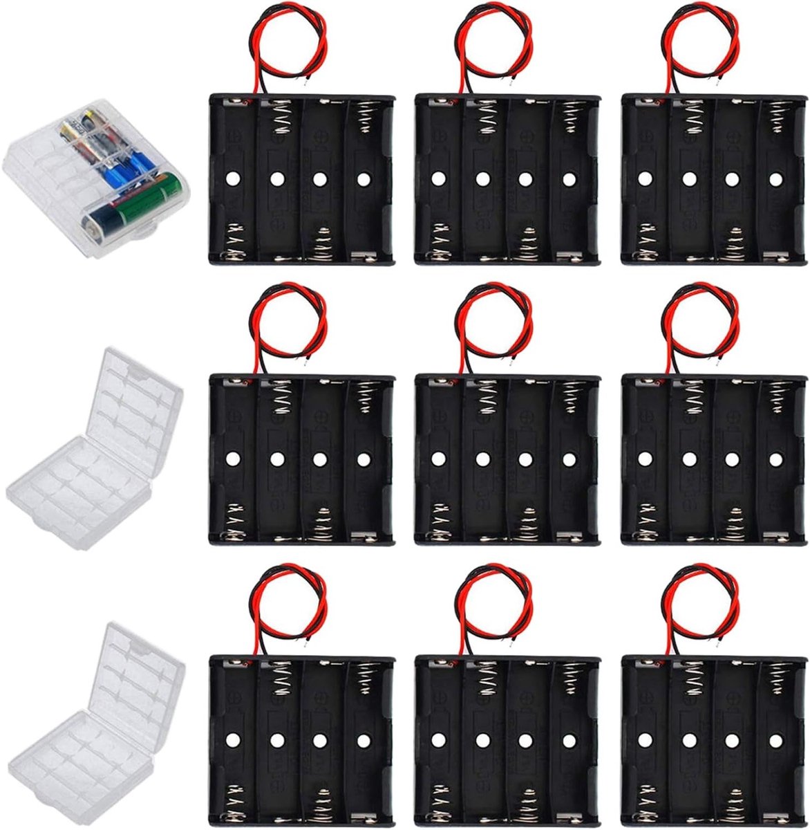 Pack van 9 AA Batterijhouders, Plastic Opslagdoos voor 4 x 1.5V AA Batterijen met Aansluitkabel en 6V Verbinding, Ideaal voor Thuisgebruik en Hobbyprojecten