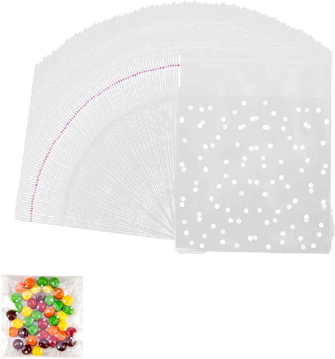 Dailygoods- Koekjeszakjes 100 stuks - Transparante zakjes met witte stippen - Zelfklevende snoepzakjes - Cadeauzakjes voor feestjes - 10 x 10 + 3 cm - Ideaal voor snoep en chocolade