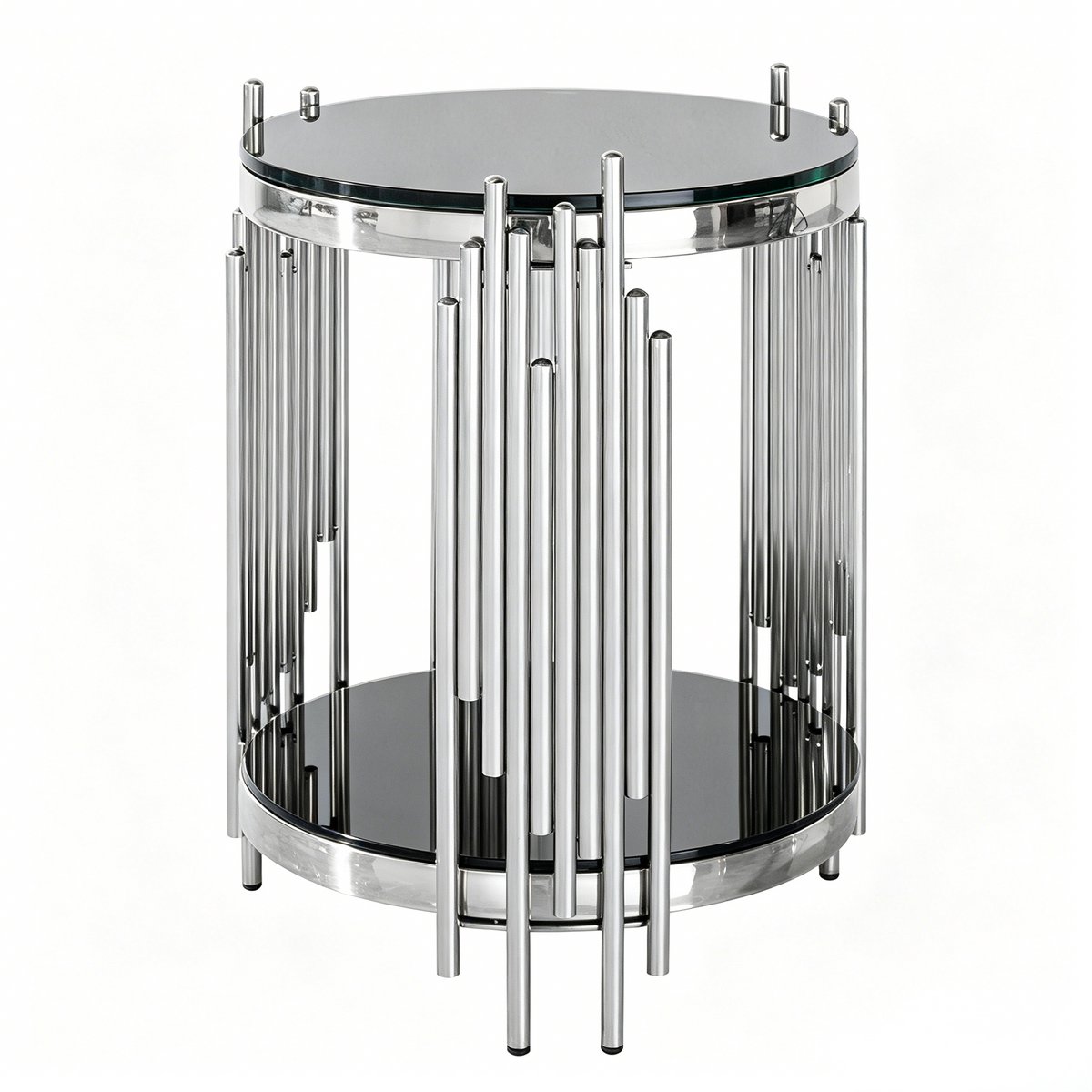 Merax Ronde Glazen Bijzettafel - Zwart Glas 45 cm - Zilverkleurig RVS Frame - 2-Laags Salontafel - Voor Woonkamer Slaapkamer Balkon